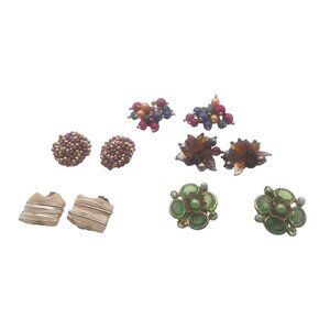 Vintage Clip-On Earrings (5) Sets W/Beads Faux Pearls/Floral Designs Multicolor